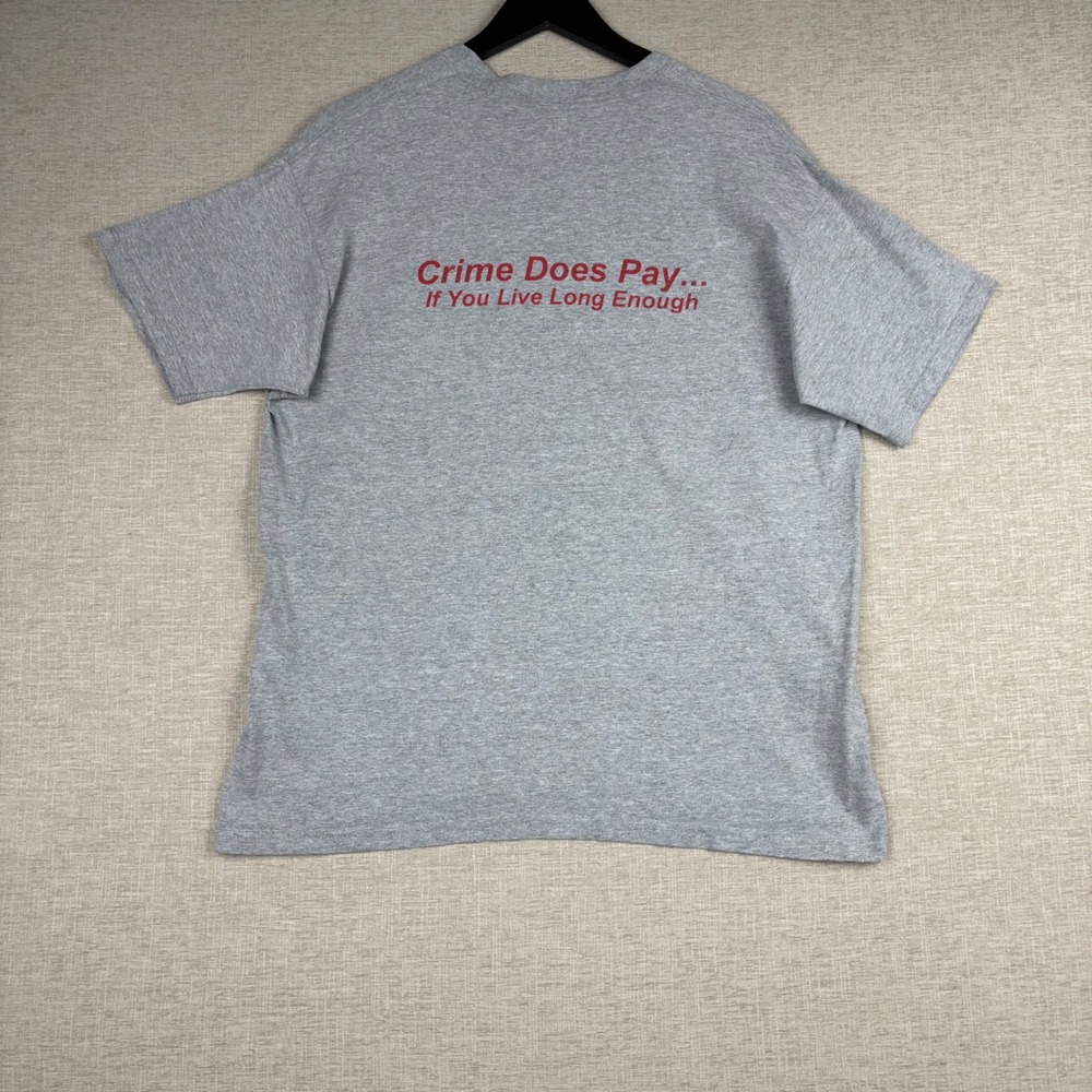 Fruit of the Loom Mens XL Gray Early Bird Special Crime Does Pay Graphic T-Shirt - Picture 4 of 8